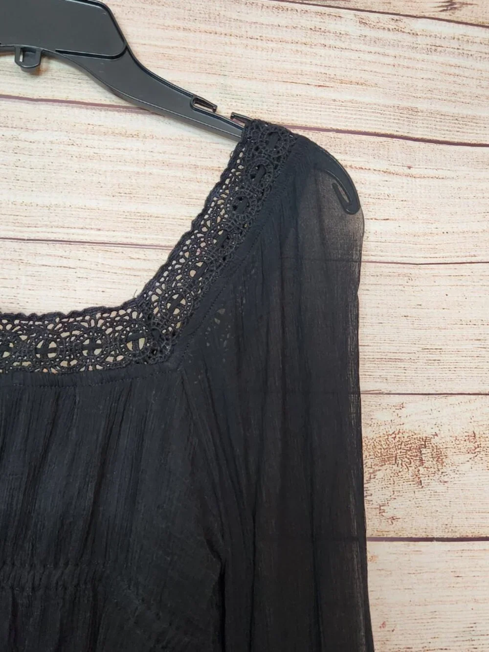 Free People Chiffon Lace Bogemian Crochet Trim Blouse Black Tunic Women's XS/TP
